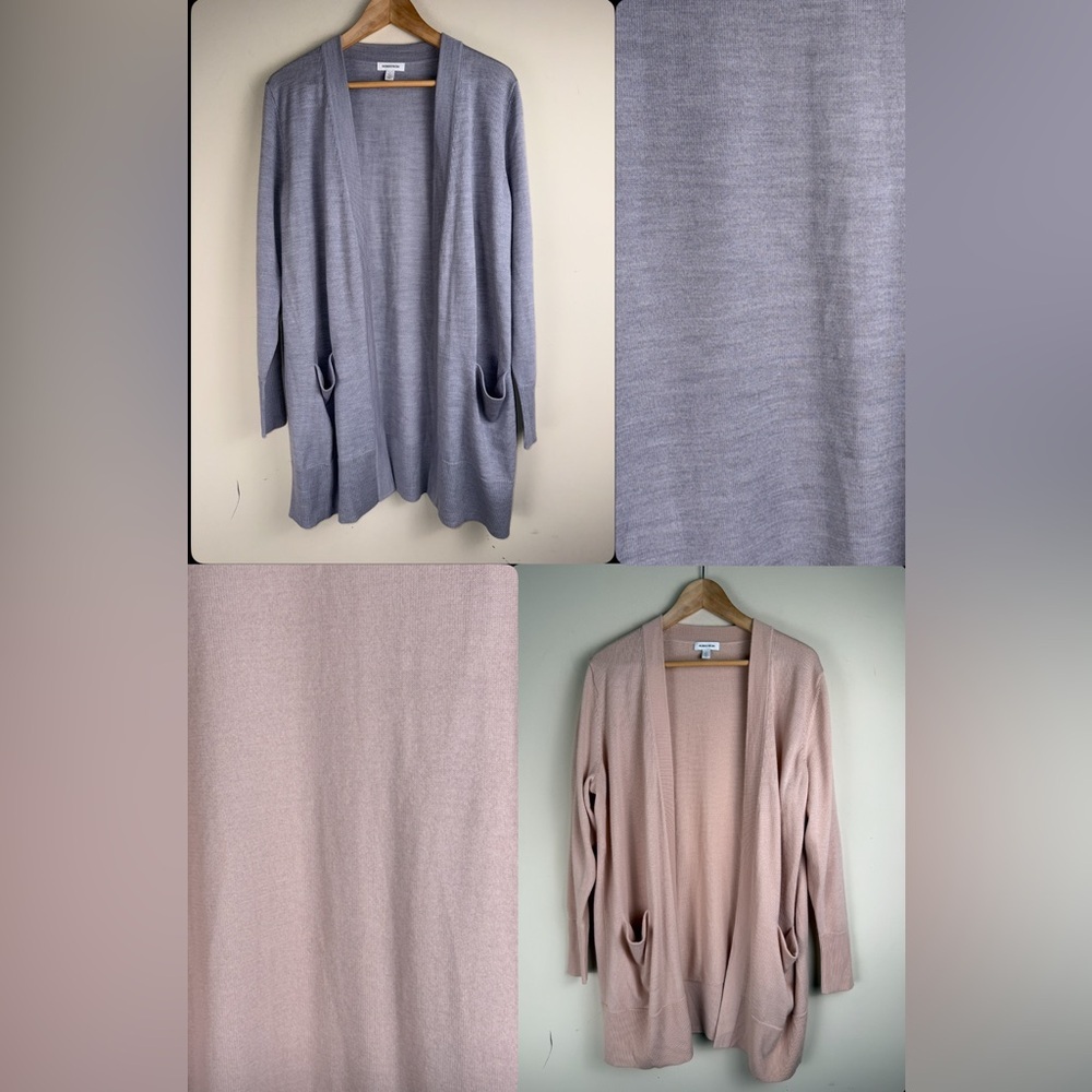 (2)Nordstrom Women's Open Front Cardigans LG Purple Gray & Pink Merino Wool Blnd